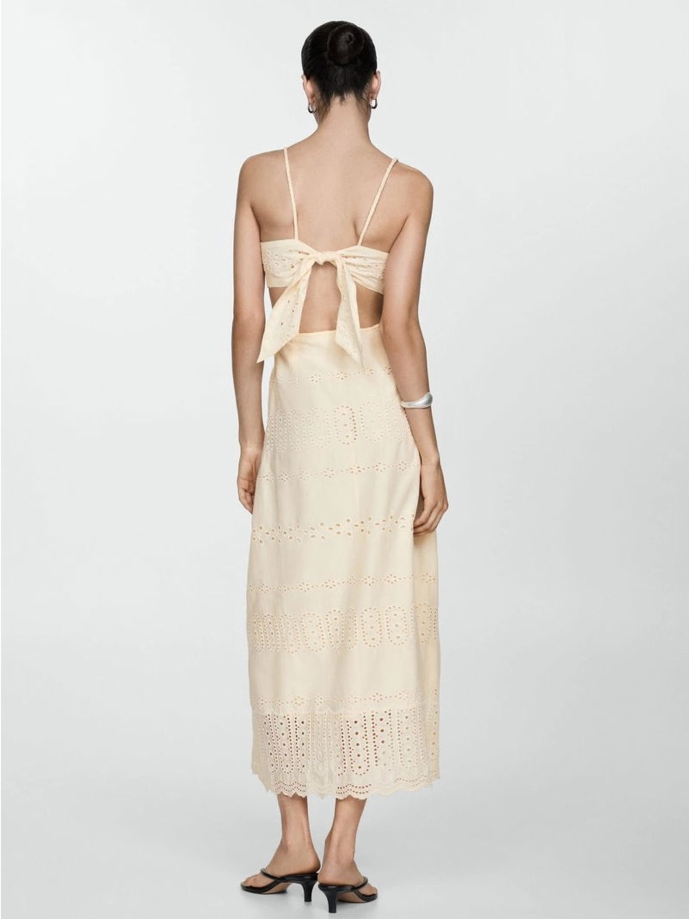 Mango cream eyelet cotton embroidered tie back midi dress - Picture 12 of 12